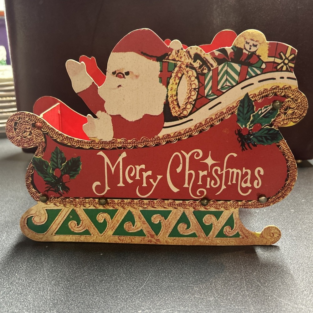 Vtg Retro Santa Claus Die Cut Cardboard Collapsible Sleigh Christmas Card Holder